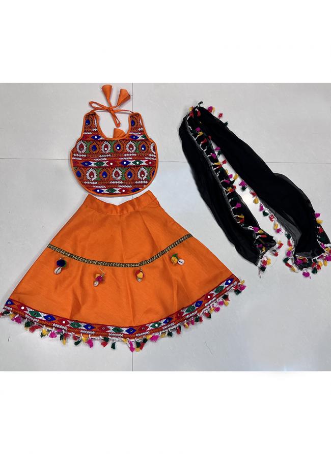 Art Silk Orange Navratri Wear Kutchi Work Readymade Kids Lehenga Choli